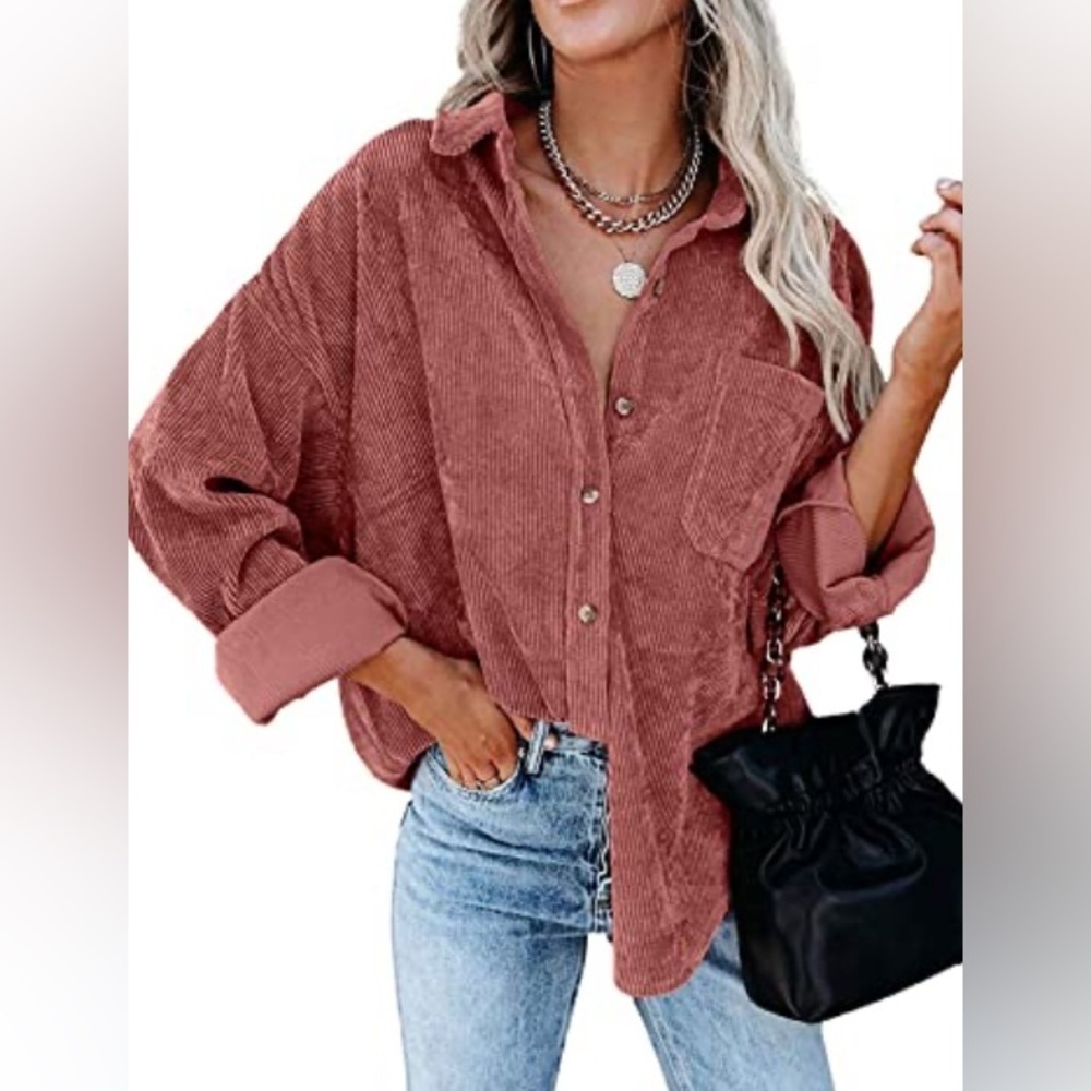 MIHOLL Women Corduroy Long Sleeve Button Down Collared Shirt Jacket Top